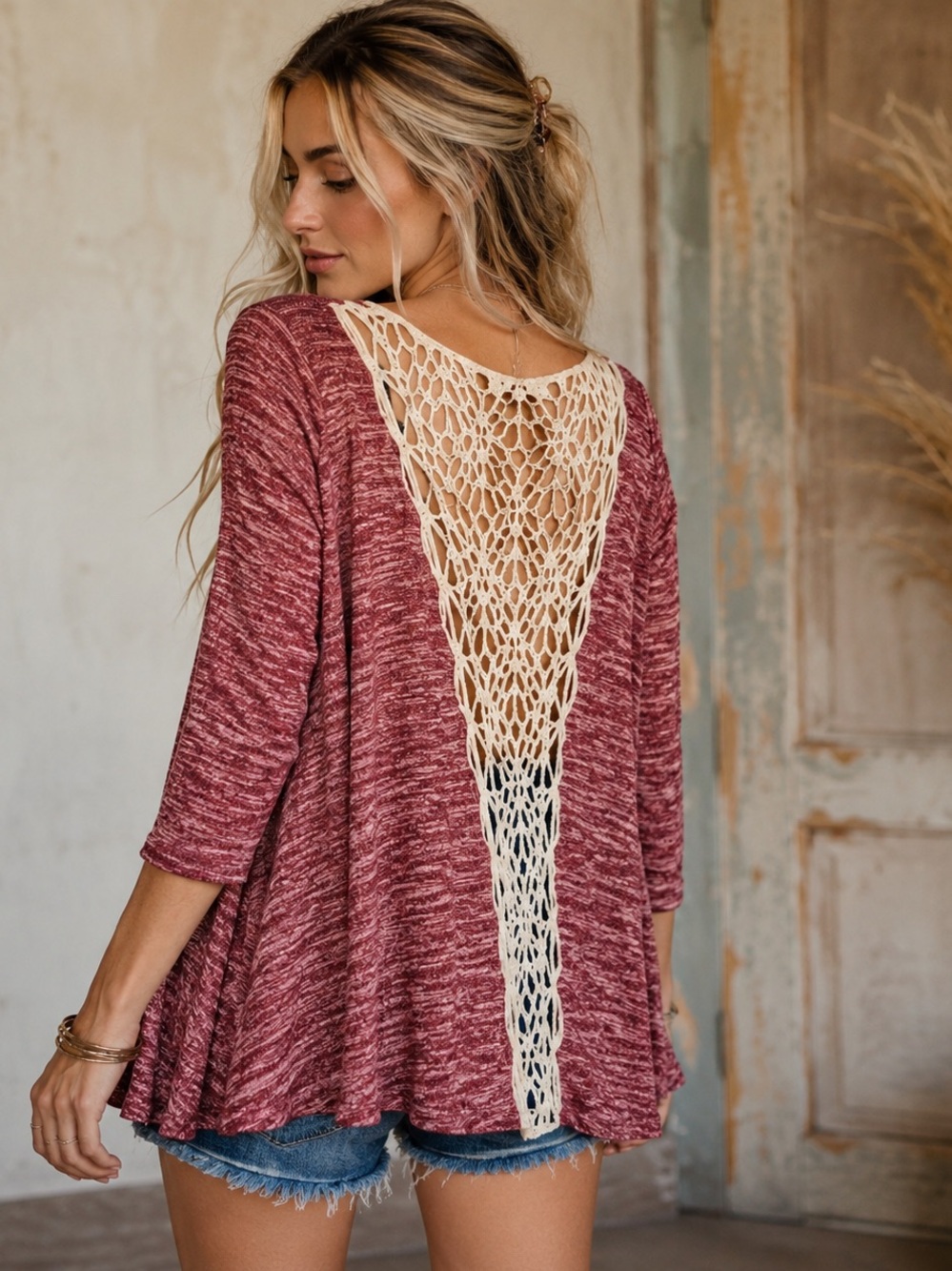 Crochet Back Marled Swing Tunic Boho Top